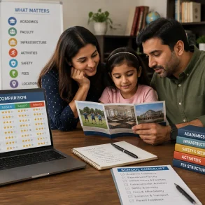 Parents and their daughter review a school brochure beside a laptop showing a “School Comparison” chart and a “School Checklist.”