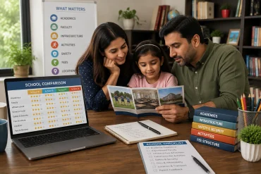 Parents and their daughter review a school brochure beside a laptop showing a “School Comparison” chart and a “School Checklist.”