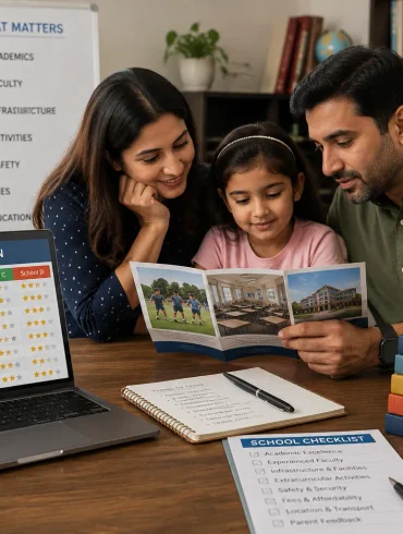 Parents and their daughter review a school brochure beside a laptop showing a “School Comparison” chart and a “School Checklist.”