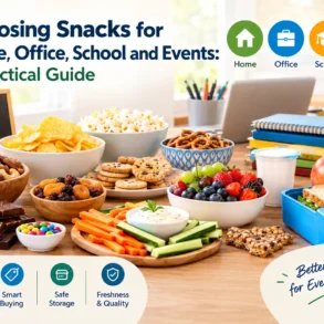 A bright snack guide displays fruit, vegetables, nuts, popcorn, cookies and sandwiches, with home, office, school and event icons; cheerful and practical.