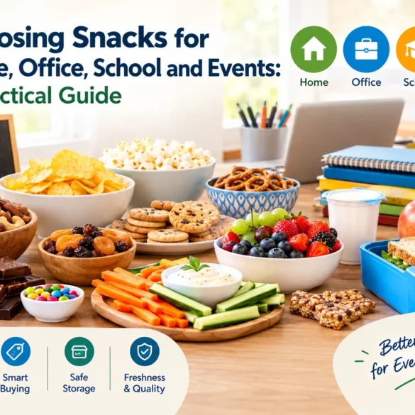 A bright snack guide displays fruit, vegetables, nuts, popcorn, cookies and sandwiches, with home, office, school and event icons; cheerful and practical.