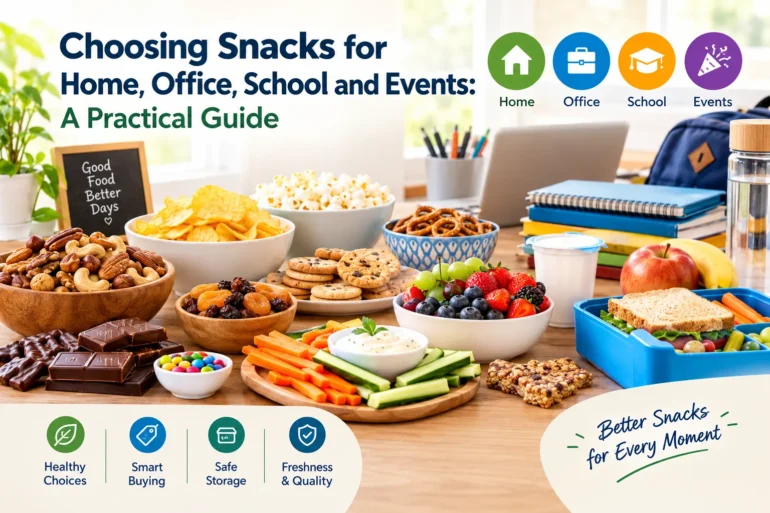 A bright snack guide displays fruit, vegetables, nuts, popcorn, cookies and sandwiches, with home, office, school and event icons; cheerful and practical.