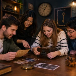 Four friends examine a small locked box, papers, and clues on a table in a room decorated with maps, clocks, and key artwork.
