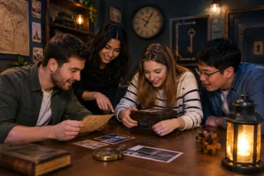 Four friends examine a small locked box, papers, and clues on a table in a room decorated with maps, clocks, and key artwork.