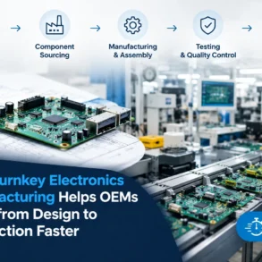 Turnkey electronics manufacturing graphic showing circuit boards, factory assembly, quality testing, and delivery, helping OEMs move from design to production.