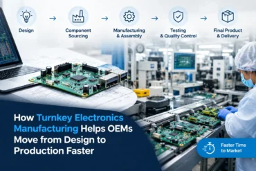 Turnkey electronics manufacturing graphic showing circuit boards, factory assembly, quality testing, and delivery, helping OEMs move from design to production.
