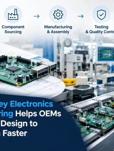 Turnkey electronics manufacturing graphic showing circuit boards, factory assembly, quality testing, and delivery, helping OEMs move from design to production.