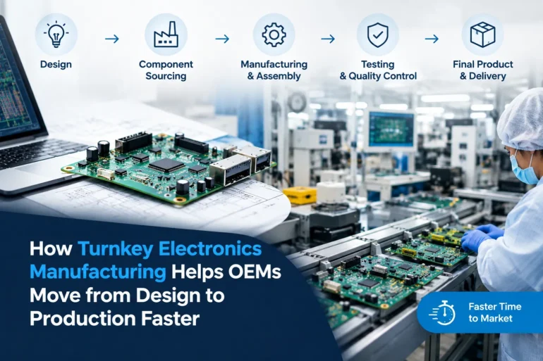 Turnkey electronics manufacturing graphic showing circuit boards, factory assembly, quality testing, and delivery, helping OEMs move from design to production.