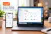 Tuya smart home app appears on a smartphone and laptop, showing connected devices and climate controls on a bright, modern desk.