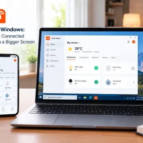 Tuya smart home app appears on a smartphone and laptop, showing connected devices and climate controls on a bright, modern desk.