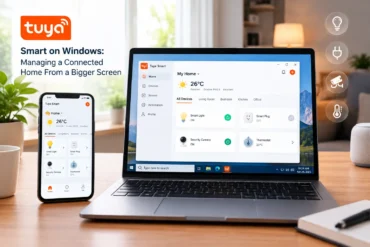 Tuya smart home app appears on a smartphone and laptop, showing connected devices and climate controls on a bright, modern desk.