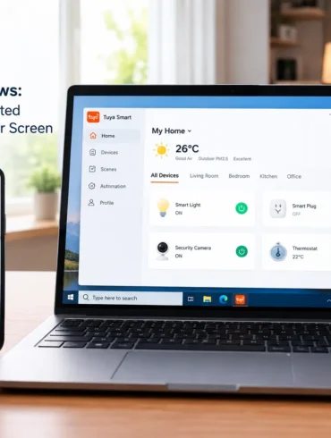 Tuya smart home app appears on a smartphone and laptop, showing connected devices and climate controls on a bright, modern desk.