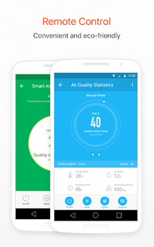 Two smartphones show a smart air purifier app, with a green remote-control screen and blue air-quality statistics; clean, eco-friendly design.