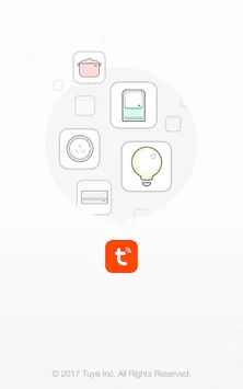 Minimalist app splash screen with floating icons for home, health, and technology around an orange “t” logo; clean, modern, friendly tone.