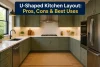 U-shaped kitchen with green cabinets, white countertops, a sink, stove, double oven, refrigerator, and overlaid text reading “U-Shaped Kitchen Layout: Pros, Cons & Best Uses.”