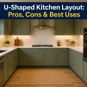 U-shaped kitchen with green cabinets, white countertops, a sink, stove, double oven, refrigerator, and overlaid text reading “U-Shaped Kitchen Layout: Pros, Cons & Best Uses.”