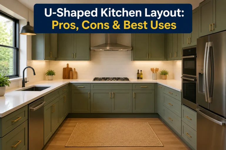 U-shaped kitchen with green cabinets, white countertops, a sink, stove, double oven, refrigerator, and overlaid text reading “U-Shaped Kitchen Layout: Pros, Cons & Best Uses.”