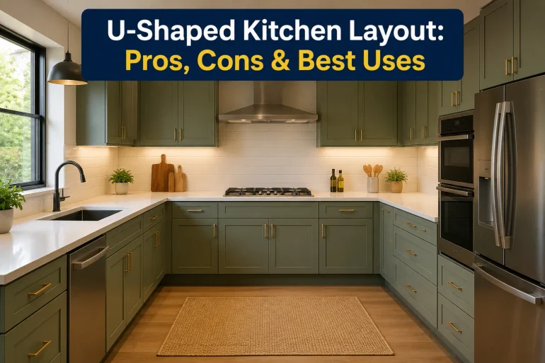 U-shaped kitchen with green cabinets, white countertops, a sink, stove, double oven, refrigerator, and overlaid text reading “U-Shaped Kitchen Layout: Pros, Cons & Best Uses.”
