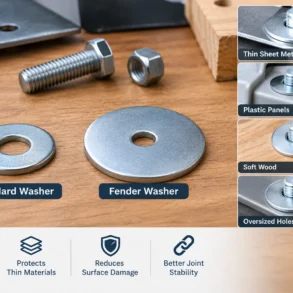 A standard washer and larger fender washer beside a bolt and nut, with examples labeled thin sheet metal, plastic panels, soft wood, and oversized holes.
