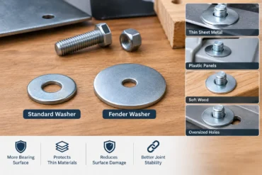 A standard washer and larger fender washer beside a bolt and nut, with examples labeled thin sheet metal, plastic panels, soft wood, and oversized holes.