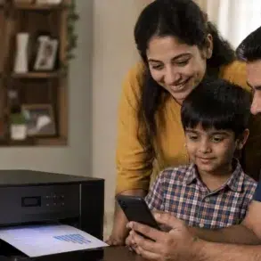 Smiling mother, father, and son gather around a smartphone beside a home printer with a document emerging, conveying family warmth and connection.