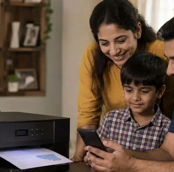 Smiling mother, father, and son gather around a smartphone beside a home printer with a document emerging, conveying family warmth and connection.