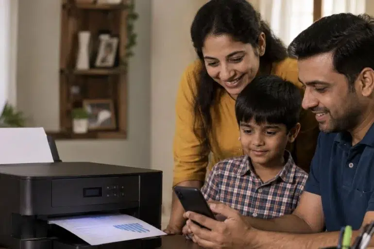 Smiling mother, father, and son gather around a smartphone beside a home printer with a document emerging, conveying family warmth and connection.