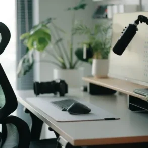 Modern minimalist office with an ergonomic black chair, wide desk, monitor, adjustable lamp, keyboard, and plants, creating a clean, calm workspace.