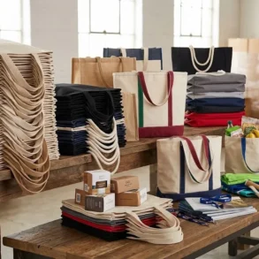 Stacks of reusable canvas tote bags in neutral and bright colors cover wooden tables in a sunlit warehouse, creating a busy, well-stocked feel.