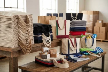Stacks of reusable canvas tote bags in neutral and bright colors cover wooden tables in a sunlit warehouse, creating a busy, well-stocked feel.