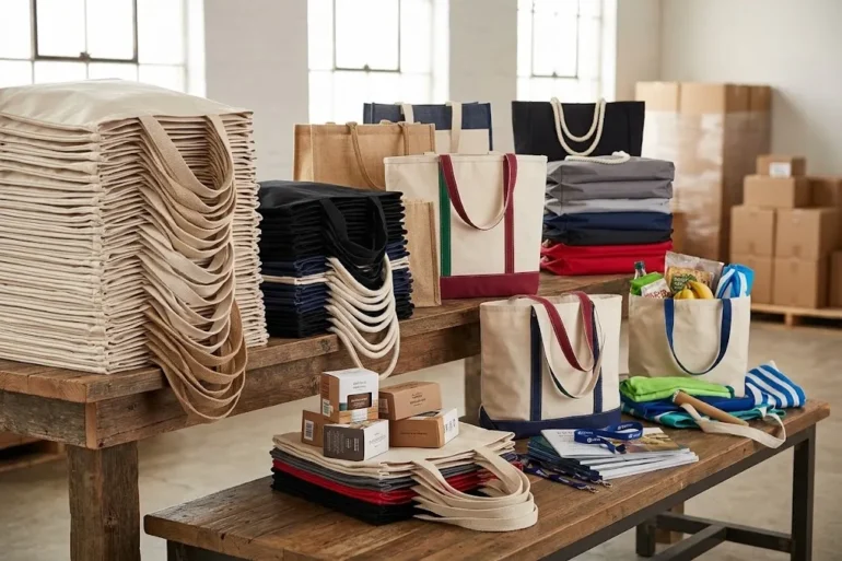 Stacks of reusable canvas tote bags in neutral and bright colors cover wooden tables in a sunlit warehouse, creating a busy, well-stocked feel.