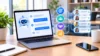 A laptop shows an AI chatbot linked to team, goal, handshake, and analytics icons and user profiles, conveying connected, upbeat office collaboration.