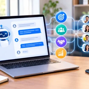 A laptop shows an AI chatbot linked to team, goal, handshake, and analytics icons and user profiles, conveying connected, upbeat office collaboration.
