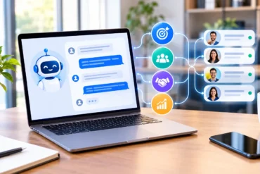 A laptop shows an AI chatbot linked to team, goal, handshake, and analytics icons and user profiles, conveying connected, upbeat office collaboration.