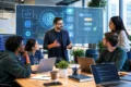 Modern engineering team collaborating in an office while a leader presents an AI-powered software and decision-making interface on a digital screen.