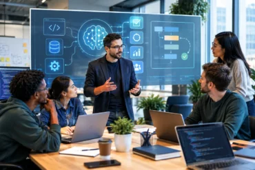 Modern engineering team collaborating in an office while a leader presents an AI-powered software and decision-making interface on a digital screen.