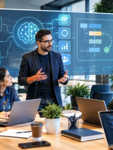 Modern engineering team collaborating in an office while a leader presents an AI-powered software and decision-making interface on a digital screen.
