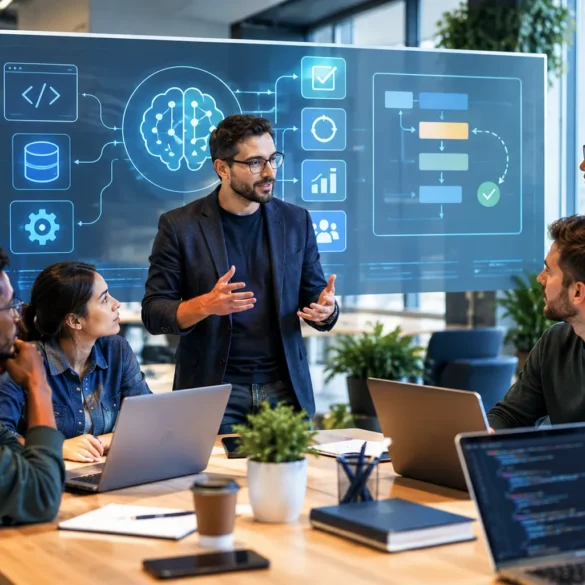 Modern engineering team collaborating in an office while a leader presents an AI-powered software and decision-making interface on a digital screen.