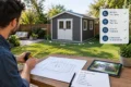 A man measures a backyard shed beside architectural plans and a checklist; width, depth, and height guides highlight careful planning in a sunny garden.