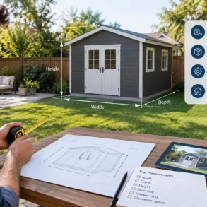 A man measures a backyard shed beside architectural plans and a checklist; width, depth, and height guides highlight careful planning in a sunny garden.