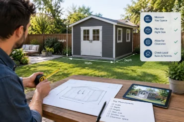A man measures a backyard shed beside architectural plans and a checklist; width, depth, and height guides highlight careful planning in a sunny garden.