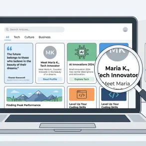 Illustration of a laptop displaying article cards, with a magnifying glass highlighting “Maria K., Tech Innovator” beside a reading checklist, plant, and mug.