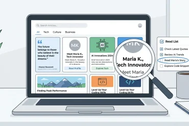 Illustration of a laptop displaying article cards, with a magnifying glass highlighting “Maria K., Tech Innovator” beside a reading checklist, plant, and mug.