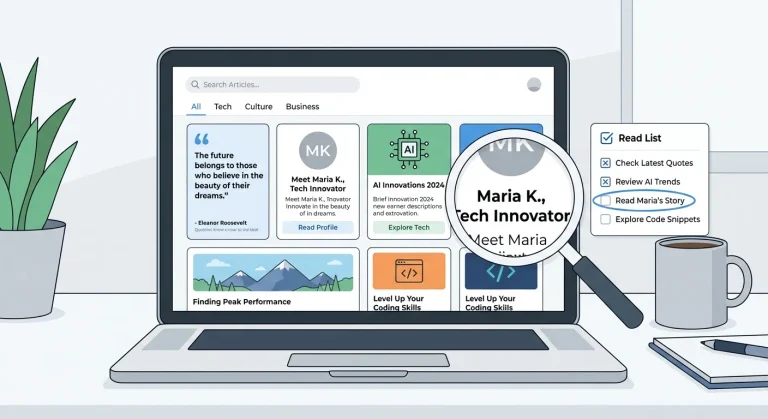 Illustration of a laptop displaying article cards, with a magnifying glass highlighting “Maria K., Tech Innovator” beside a reading checklist, plant, and mug.