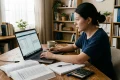 A dedicated student focused on studying for CPA exam task-based simulations, working on a laptop with textbooks, a calculator, and notes spread across a wooden desk.