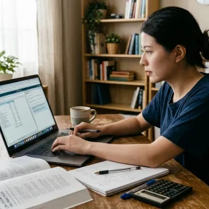 A dedicated student focused on studying for CPA exam task-based simulations, working on a laptop with textbooks, a calculator, and notes spread across a wooden desk.