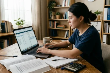 A dedicated student focused on studying for CPA exam task-based simulations, working on a laptop with textbooks, a calculator, and notes spread across a wooden desk.