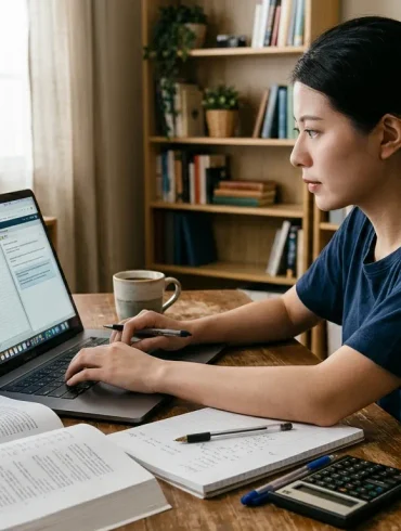 A dedicated student focused on studying for CPA exam task-based simulations, working on a laptop with textbooks, a calculator, and notes spread across a wooden desk.
