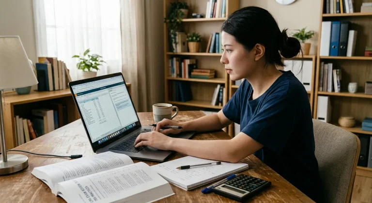 A dedicated student focused on studying for CPA exam task-based simulations, working on a laptop with textbooks, a calculator, and notes spread across a wooden desk.