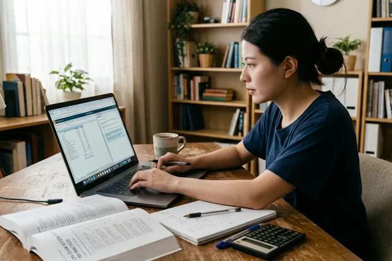 A dedicated student focused on studying for CPA exam task-based simulations, working on a laptop with textbooks, a calculator, and notes spread across a wooden desk.